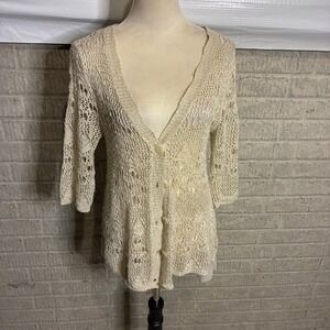 BKE Boutique boho Crochet Lace Trim Ruffle Hem 3/4 Sleeve Cardigan Sweater‎ S